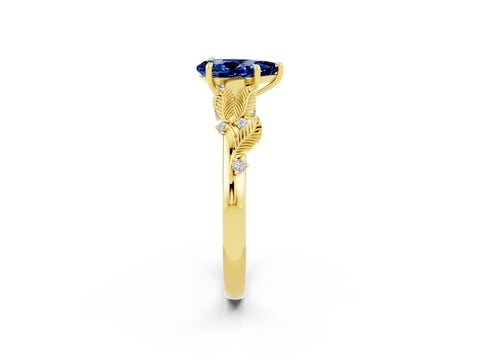 Yellow gold Pear Cut Blue Sapphire Solitaire Ring with Leaf Motif Band and Four-Prong Setting_2