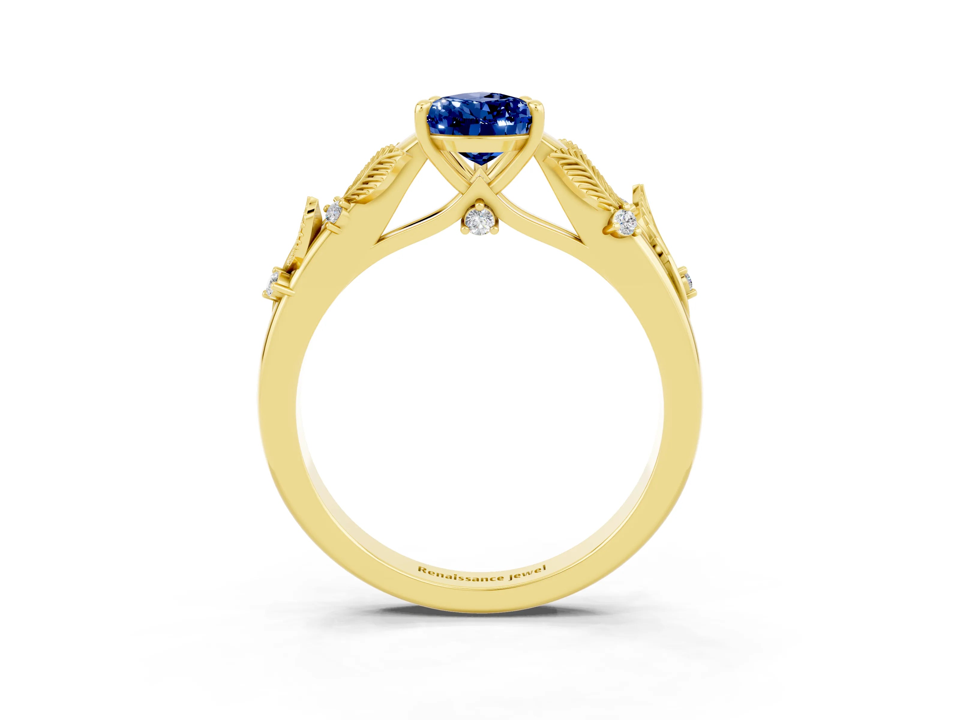Yellow gold Pear Cut Blue Sapphire Solitaire Ring with Leaf Motif Band and Four-Prong Setting_3