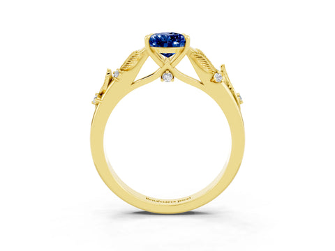 Yellow gold Pear Cut Blue Sapphire Solitaire Ring with Leaf Motif Band and Four-Prong Setting_3