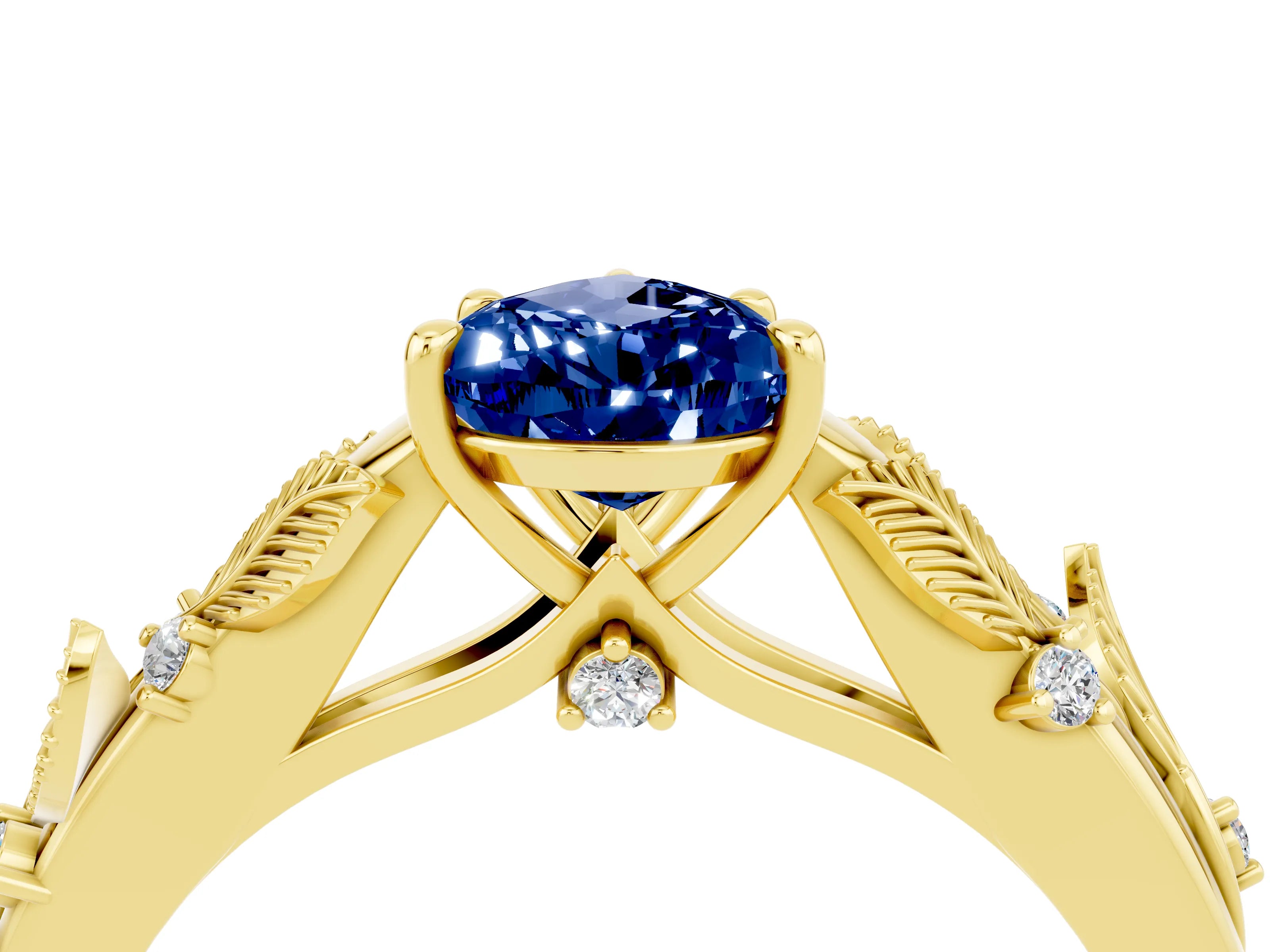 Yellow gold Pear Cut Blue Sapphire Solitaire Ring with Leaf Motif Band and Four-Prong Setting_4