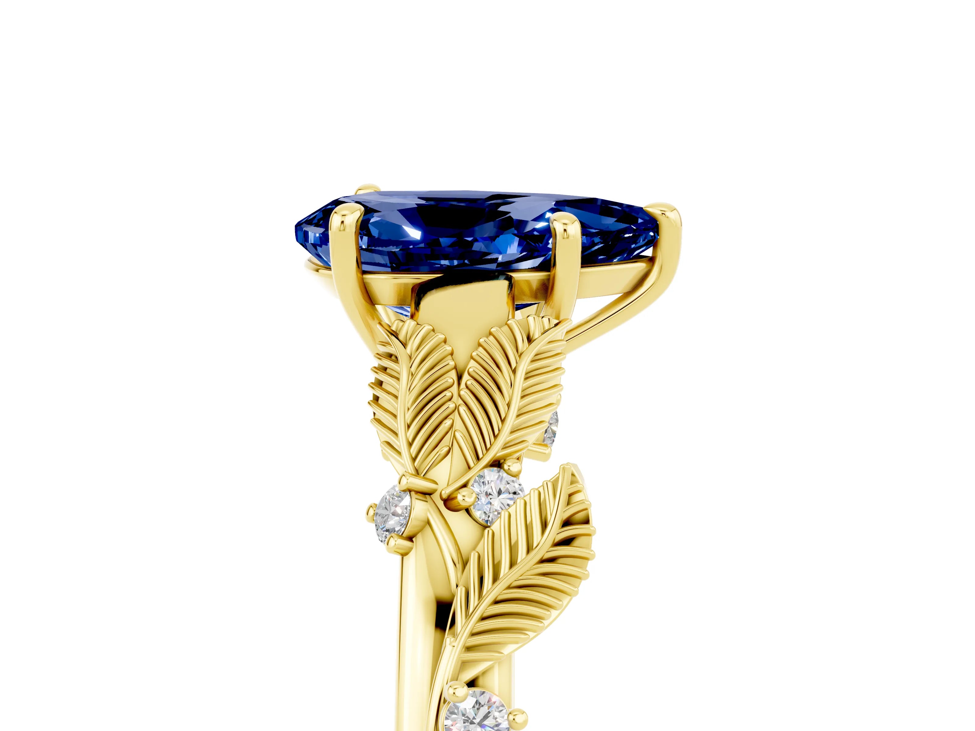 Yellow gold Pear Cut Blue Sapphire Solitaire Ring with Leaf Motif Band and Four-Prong Setting_5