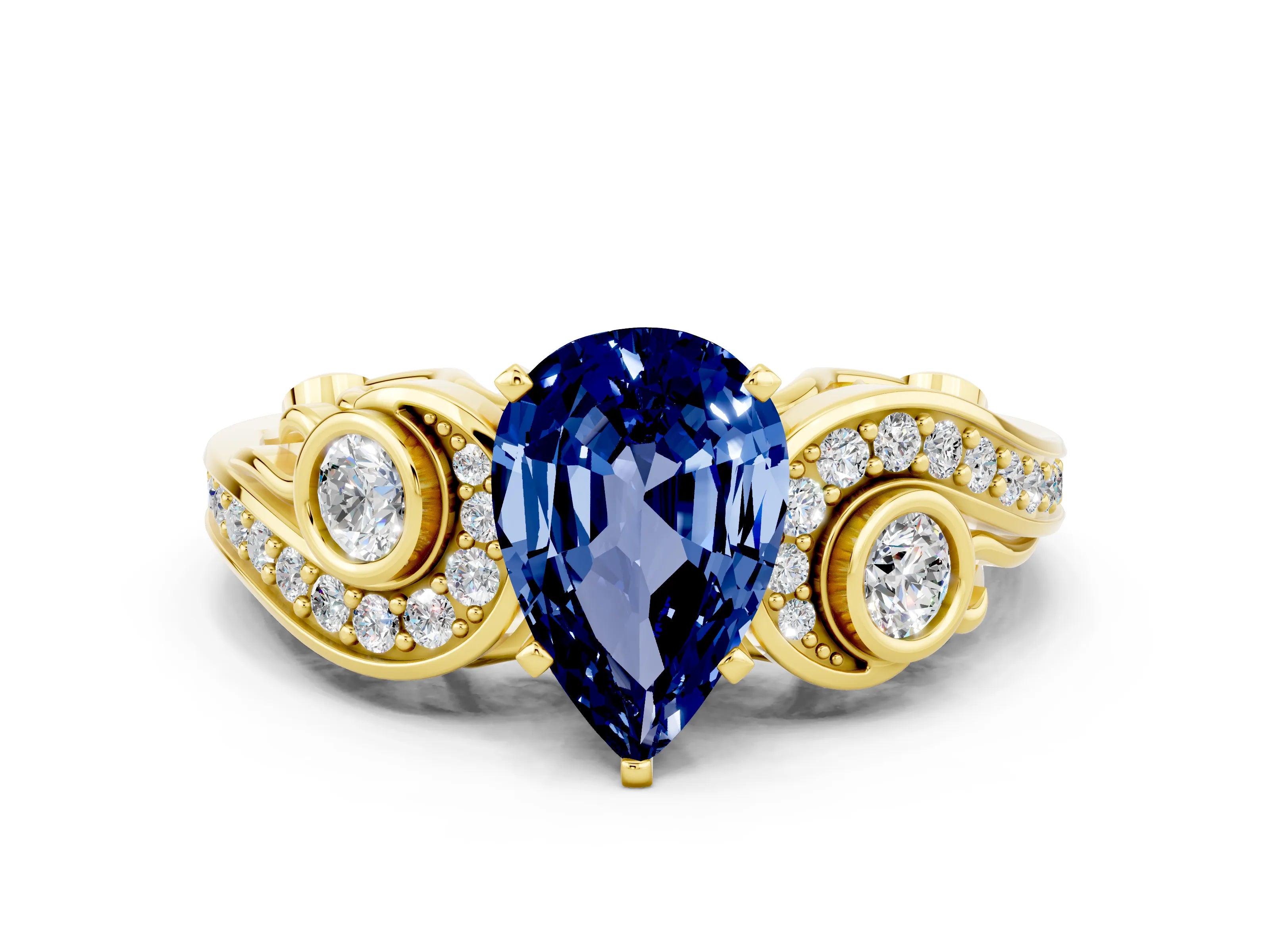 Yellow gold Pear Cut Blue Sapphire Solitaire Ring with Milgrain Pavé Band and Four-Prong Setting_24