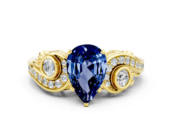 Yellow gold Pear Cut Blue Sapphire Solitaire Ring with Milgrain Pavé Band and Four-Prong Setting