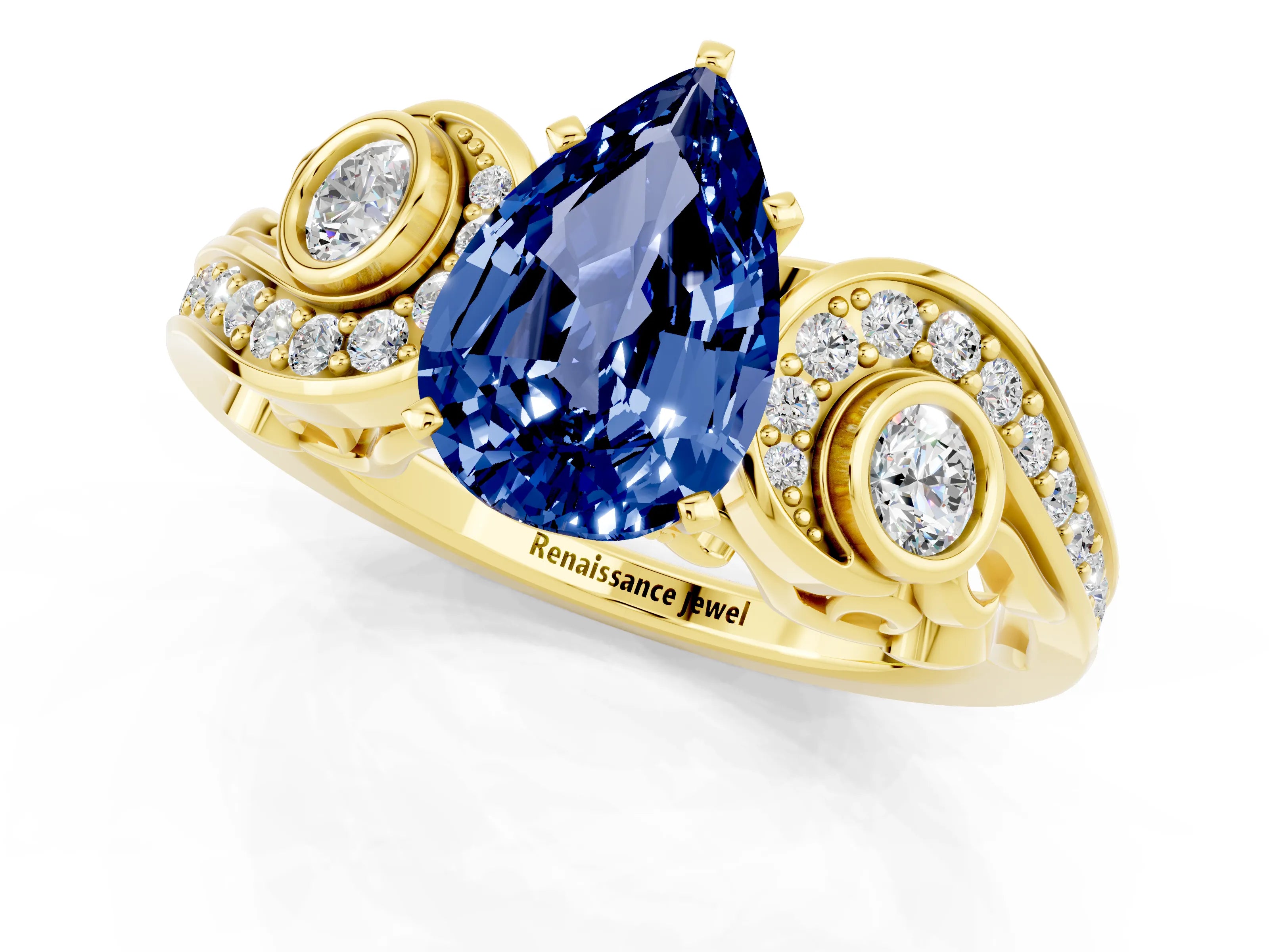 Yellow gold Pear Cut Blue Sapphire Solitaire Ring with Milgrain Pavé Band and Four-Prong Setting_25