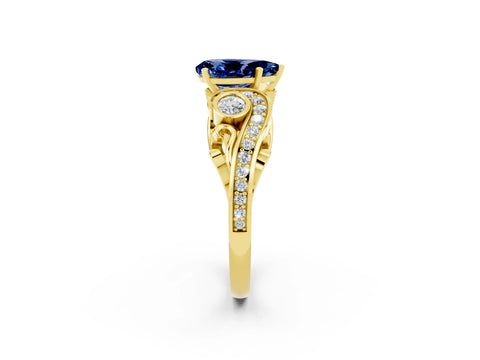 Yellow gold Pear Cut Blue Sapphire Solitaire Ring with Milgrain Pavé Band and Four-Prong Setting_26