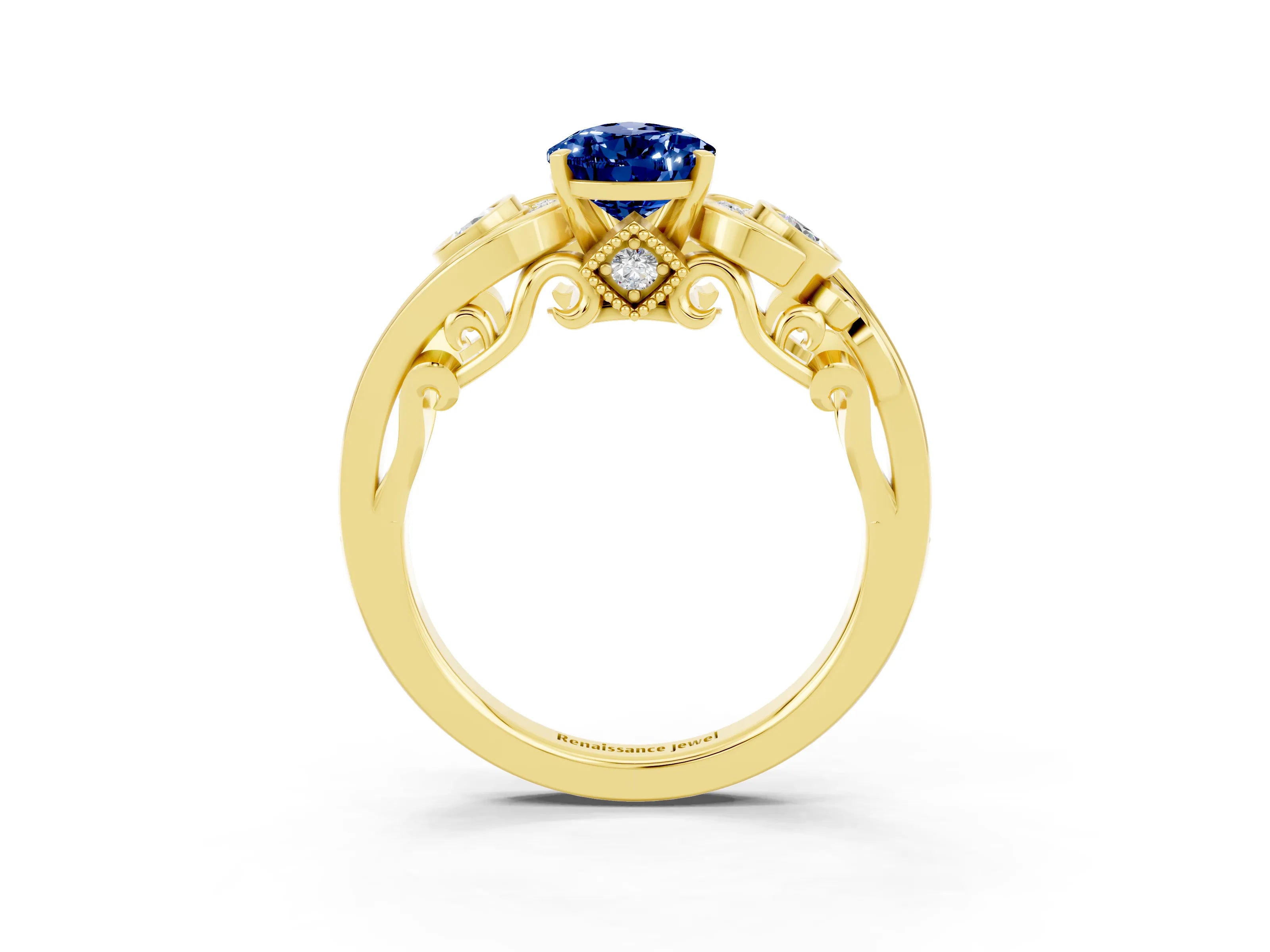 Yellow gold Pear Cut Blue Sapphire Solitaire Ring with Milgrain Pavé Band and Four-Prong Setting_27