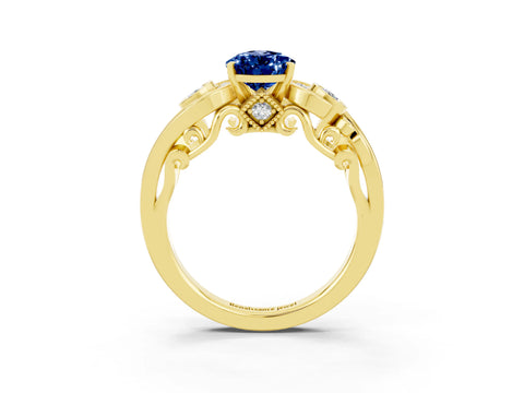 Yellow gold Pear Cut Blue Sapphire Solitaire Ring with Milgrain Pavé Band and Four-Prong Setting_27