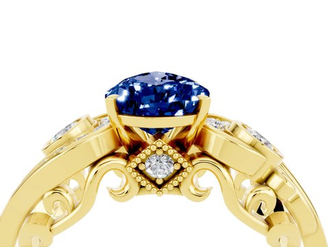Yellow gold Pear Cut Blue Sapphire Solitaire Ring with Milgrain Pavé Band and Four-Prong Setting_28