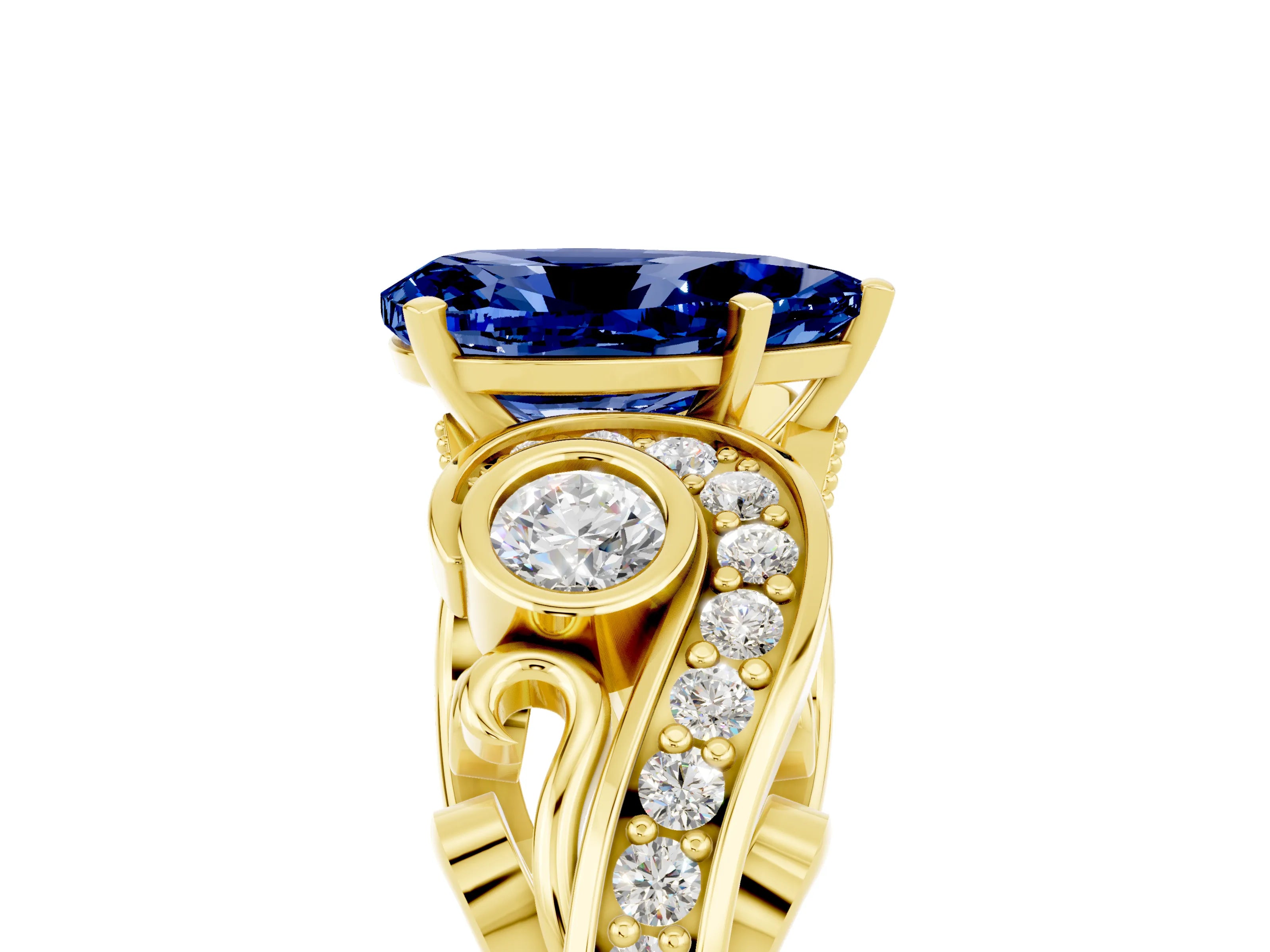 Yellow gold Pear Cut Blue Sapphire Solitaire Ring with Milgrain Pavé Band and Four-Prong Setting_29