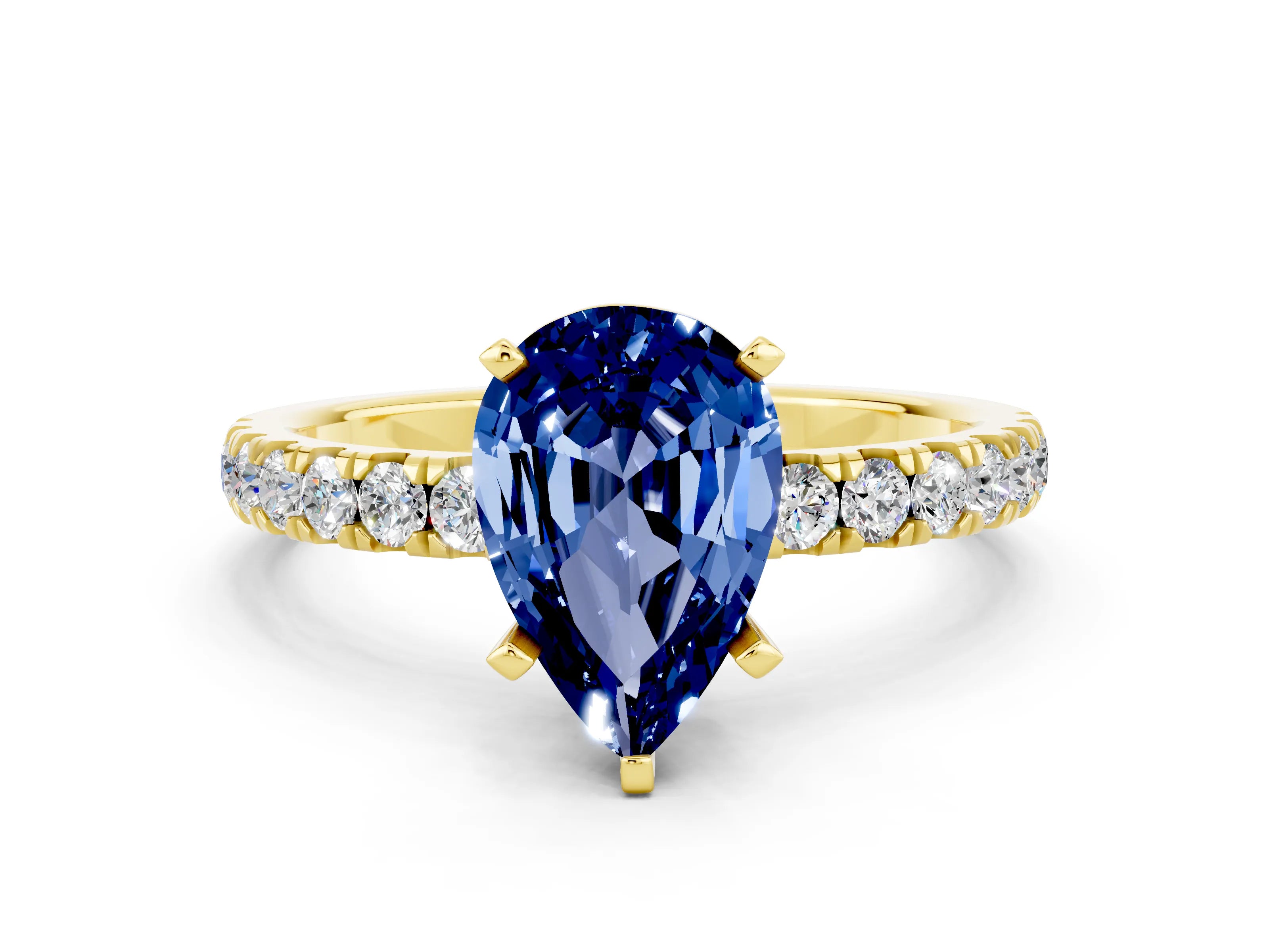 Yellow gold Pear Cut Blue Sapphire Solitaire Ring with Pavé Accents and Four-Prong Setting