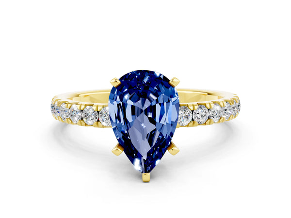 Yellow gold Pear Cut Blue Sapphire Solitaire Ring with Pavé Accents and Four-Prong Setting