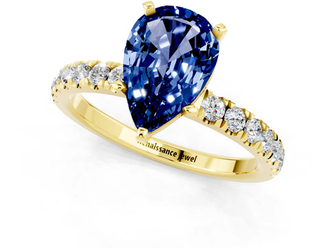 Yellow gold Pear Cut Blue Sapphire Solitaire Ring with Pavé Accents and Four-Prong Setting_1