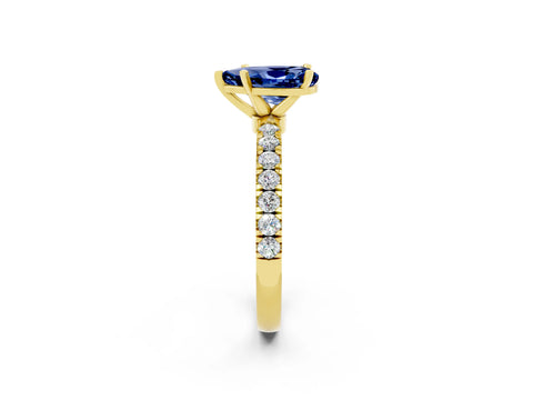 Yellow gold Pear Cut Blue Sapphire Solitaire Ring with Pavé Accents and Four-Prong Setting_2