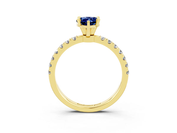 Yellow gold Pear Cut Blue Sapphire Solitaire Ring with Pavé Accents and Four-Prong Setting