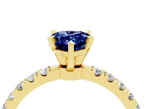 Yellow gold Pear Cut Blue Sapphire Solitaire Ring with Pavé Accents and Four-Prong Setting_4