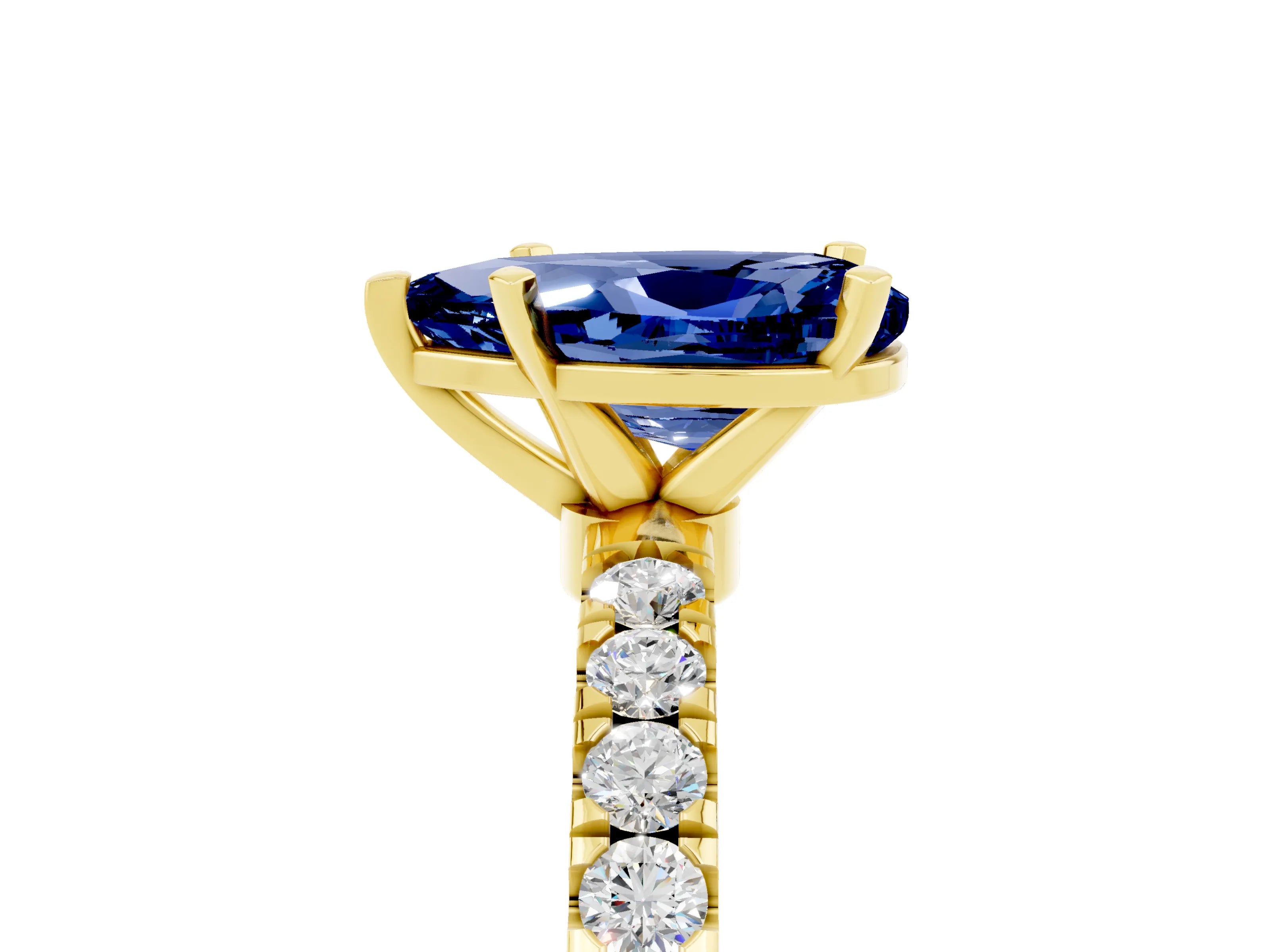 Yellow gold Pear Cut Blue Sapphire Solitaire Ring with Pavé Accents and Four-Prong Setting_5