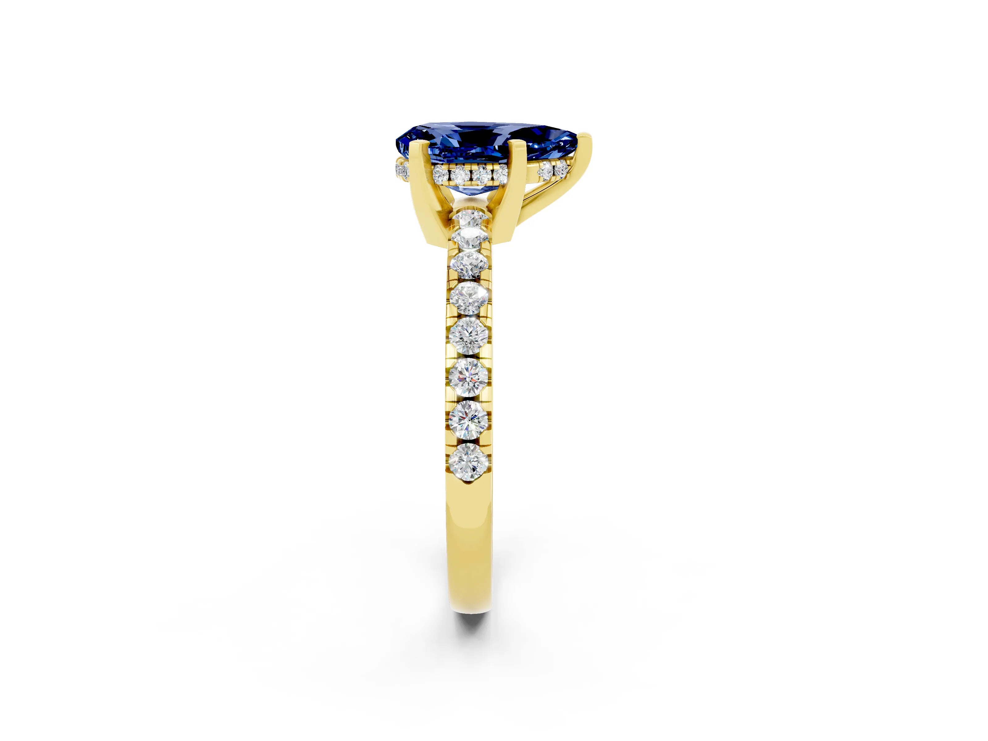 Yellow gold Pear Cut Blue Sapphire Solitaire Ring with Pavé Band and Four-Prong Setting_26