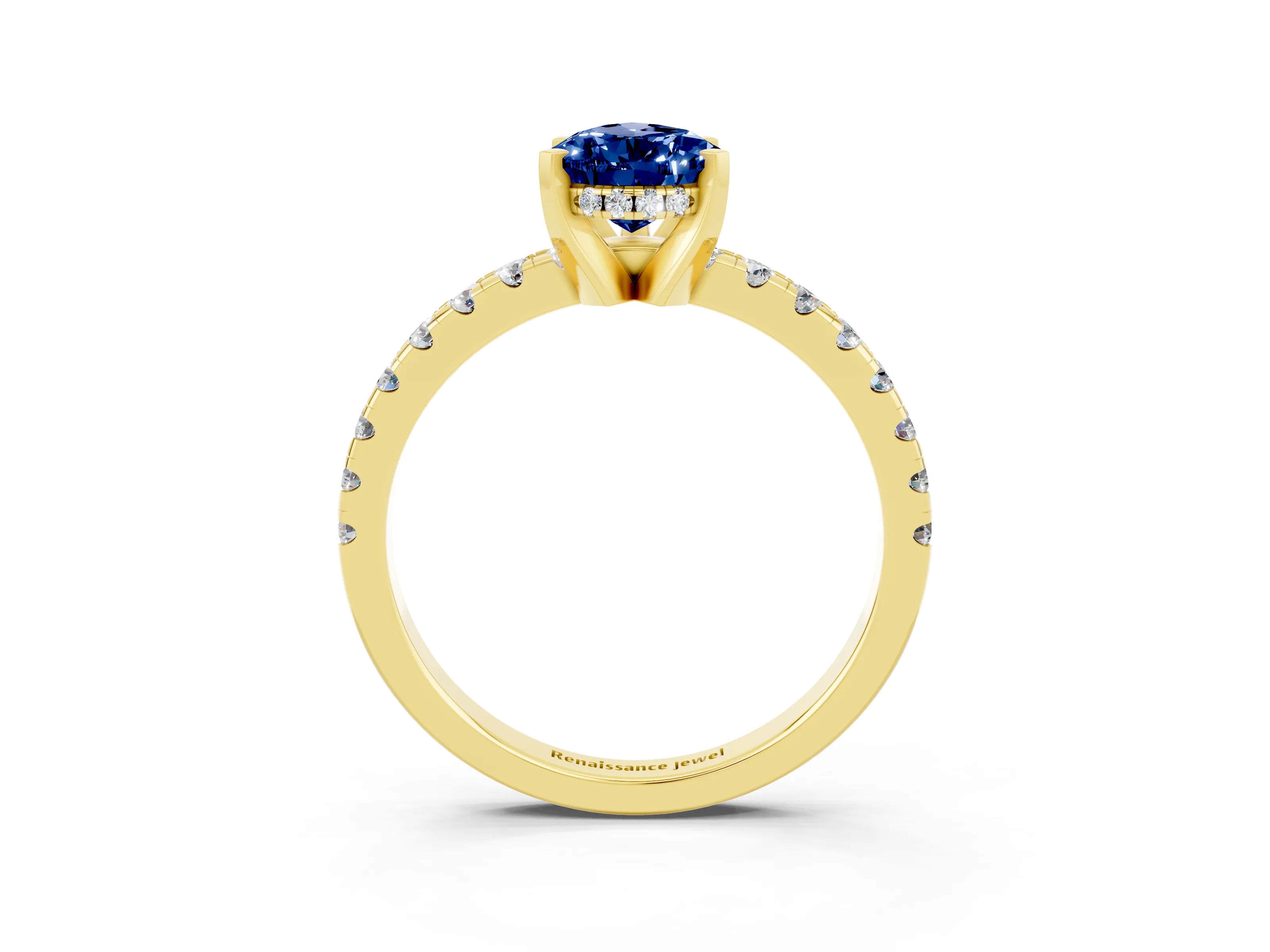Yellow gold Pear Cut Blue Sapphire Solitaire Ring with Pavé Band and Four-Prong Setting_27