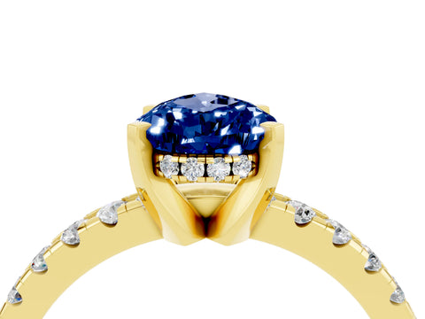 Yellow gold Pear Cut Blue Sapphire Solitaire Ring with Pavé Band and Four-Prong Setting_28