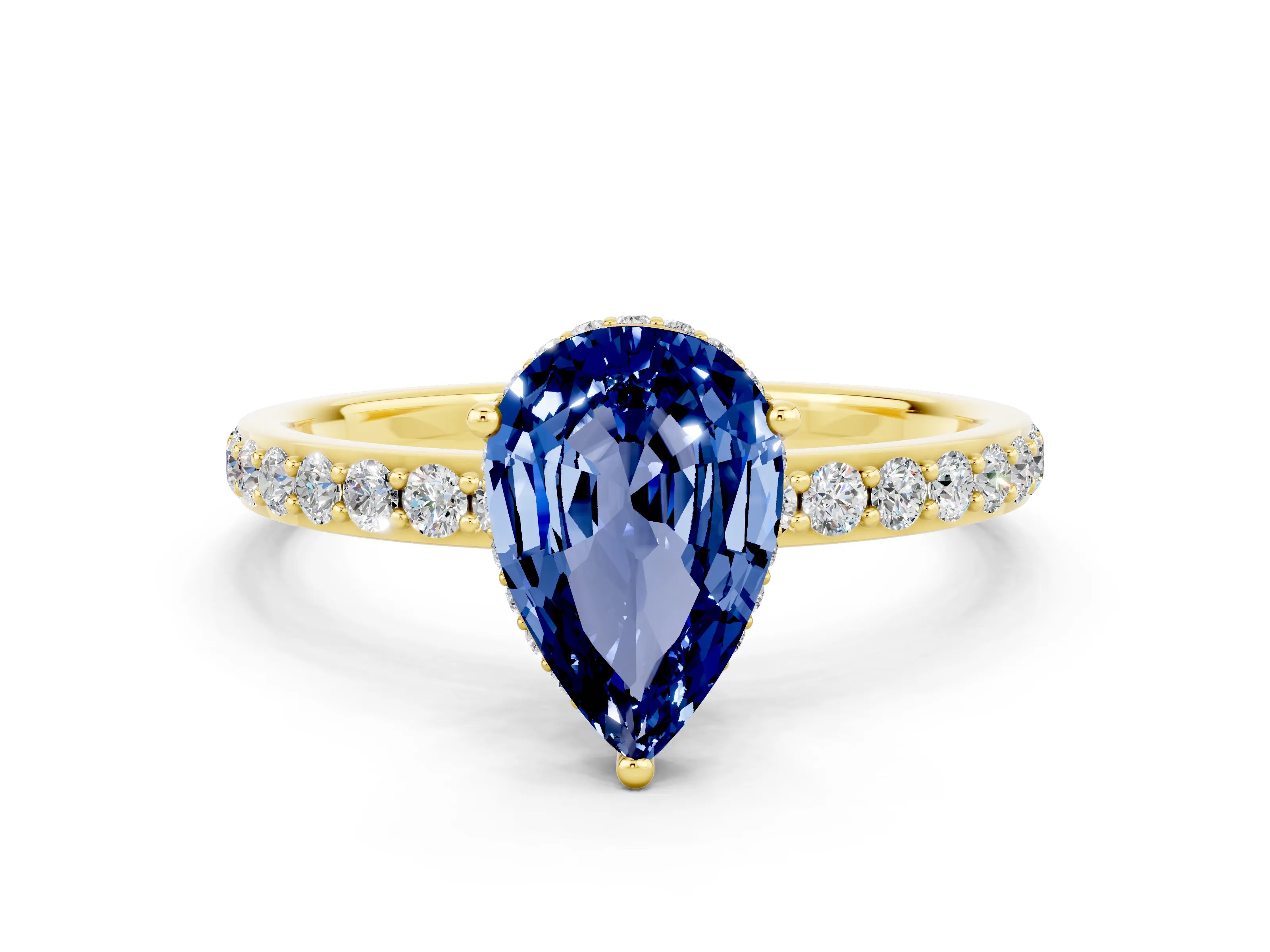 Yellow gold Pear Cut Blue Sapphire Solitaire Ring with Pavé Band and Hidden Halo_12