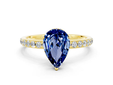 Yellow gold Pear Cut Blue Sapphire Solitaire Ring with Pavé Band and Hidden Halo_12