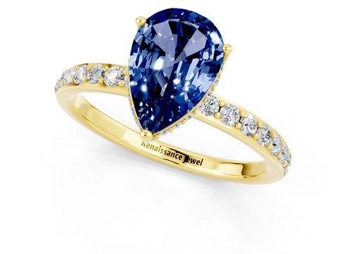 Yellow gold Pear Cut Blue Sapphire Solitaire Ring with Pavé Band and Hidden Halo_13