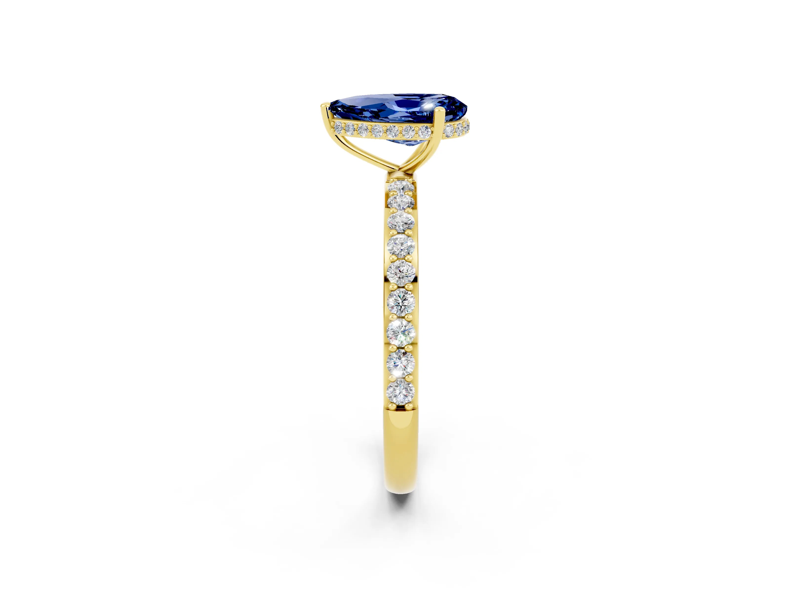 Yellow gold Pear Cut Blue Sapphire Solitaire Ring with Pavé Band and Hidden Halo_14
