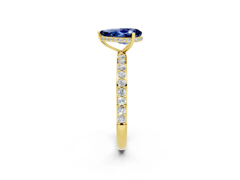 Yellow gold Pear Cut Blue Sapphire Solitaire Ring with Pavé Band and Hidden Halo_14
