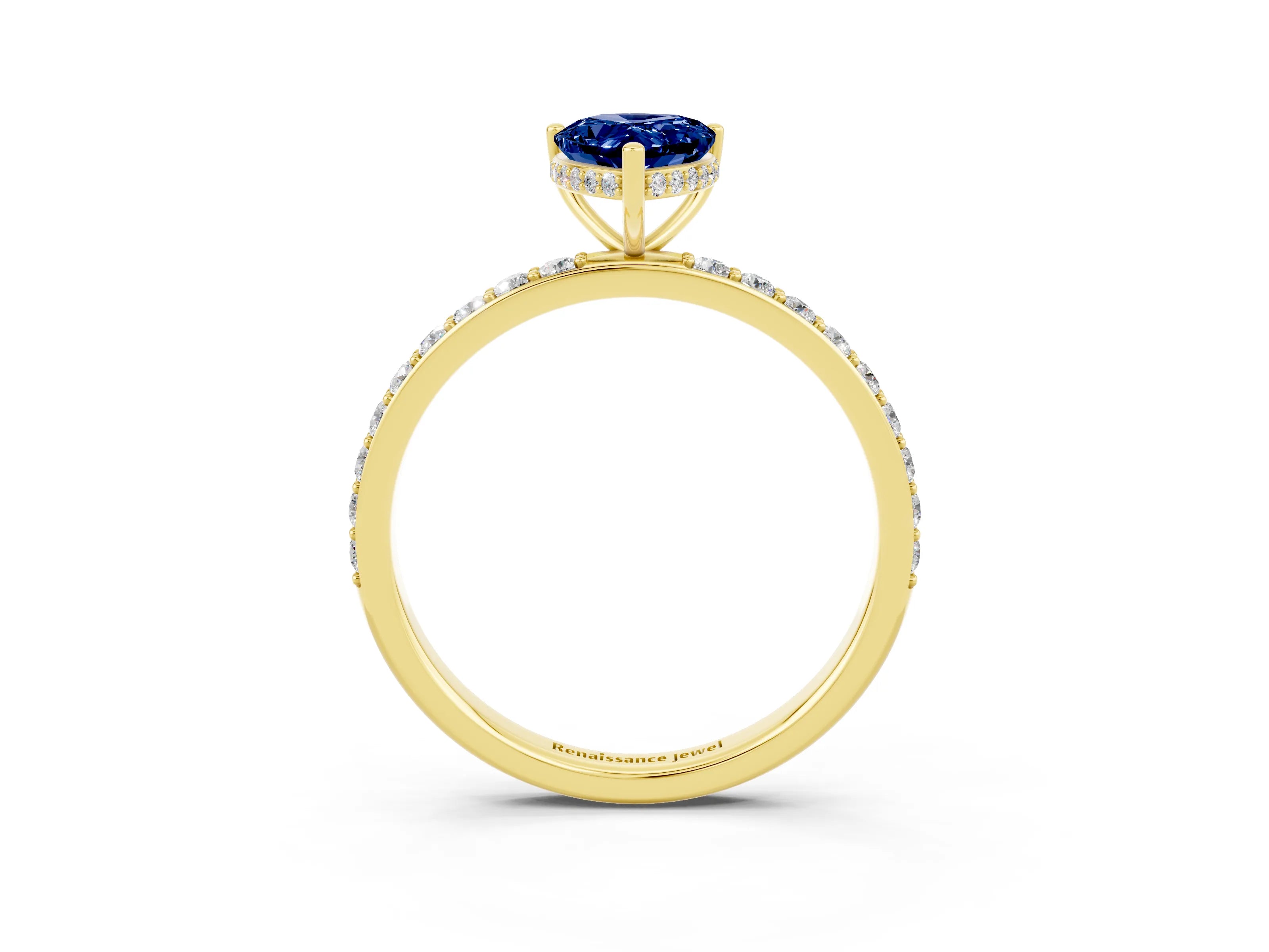 Yellow gold Pear Cut Blue Sapphire Solitaire Ring with Pavé Band and Hidden Halo_15