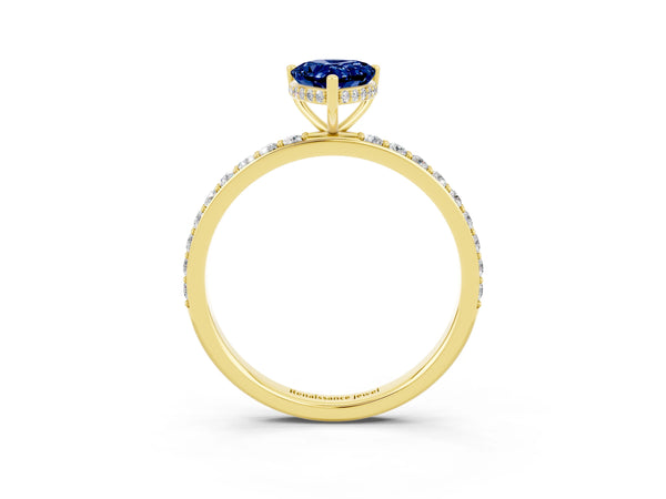 Yellow gold Pear Cut Blue Sapphire Solitaire Ring with Pavé Band and Hidden Halo