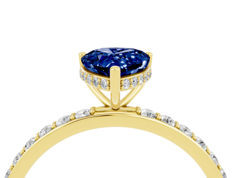 Yellow gold Pear Cut Blue Sapphire Solitaire Ring with Pavé Band and Hidden Halo_16