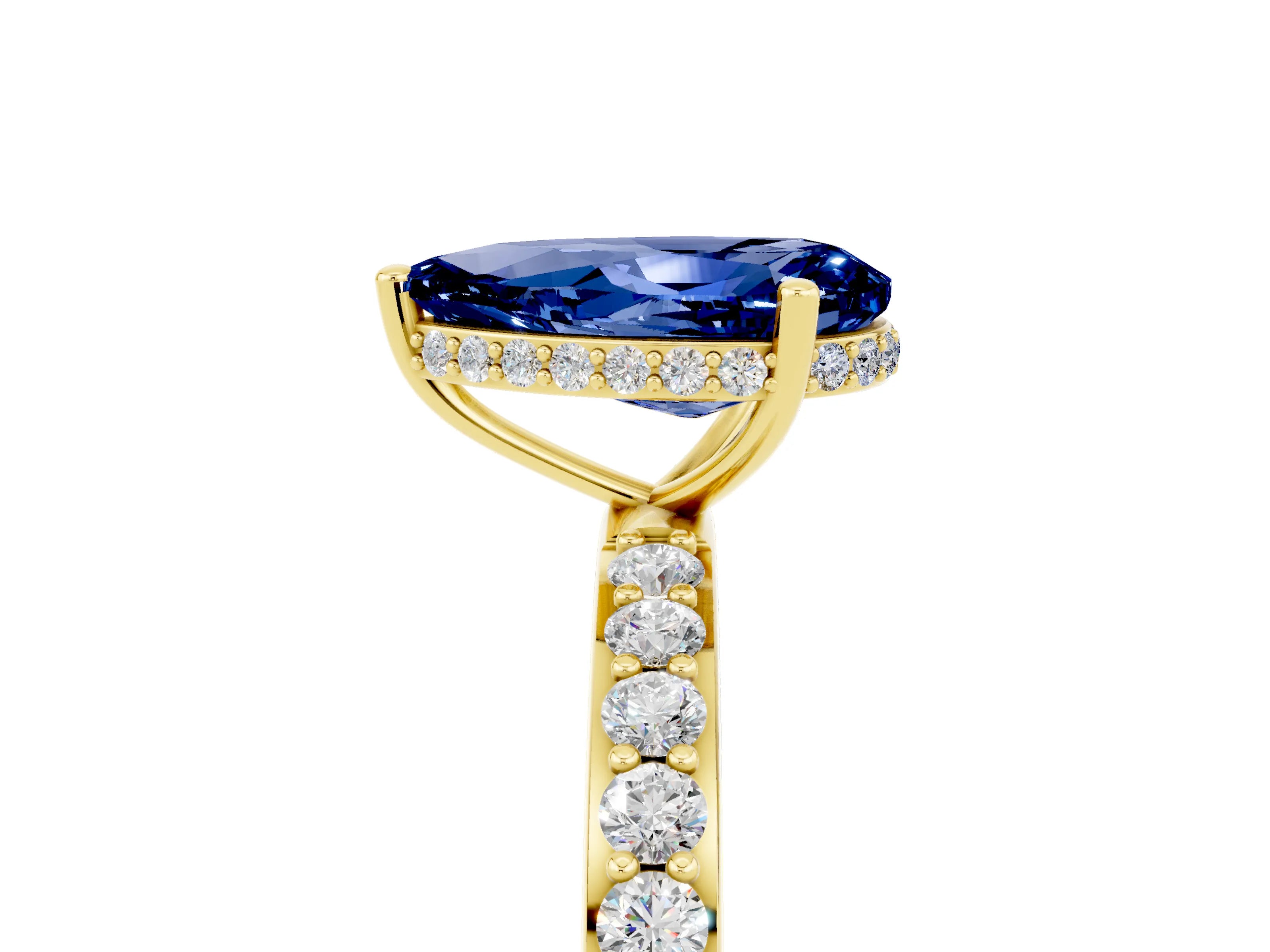 Yellow gold Pear Cut Blue Sapphire Solitaire Ring with Pavé Band and Hidden Halo_17