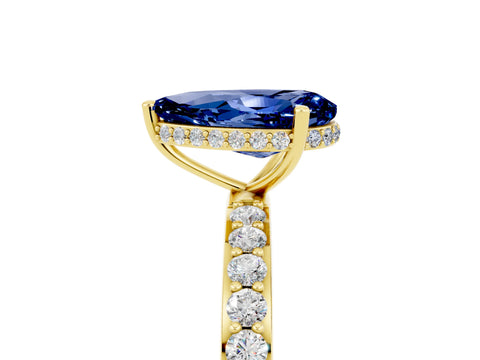 Yellow gold Pear Cut Blue Sapphire Solitaire Ring with Pavé Band and Hidden Halo_17