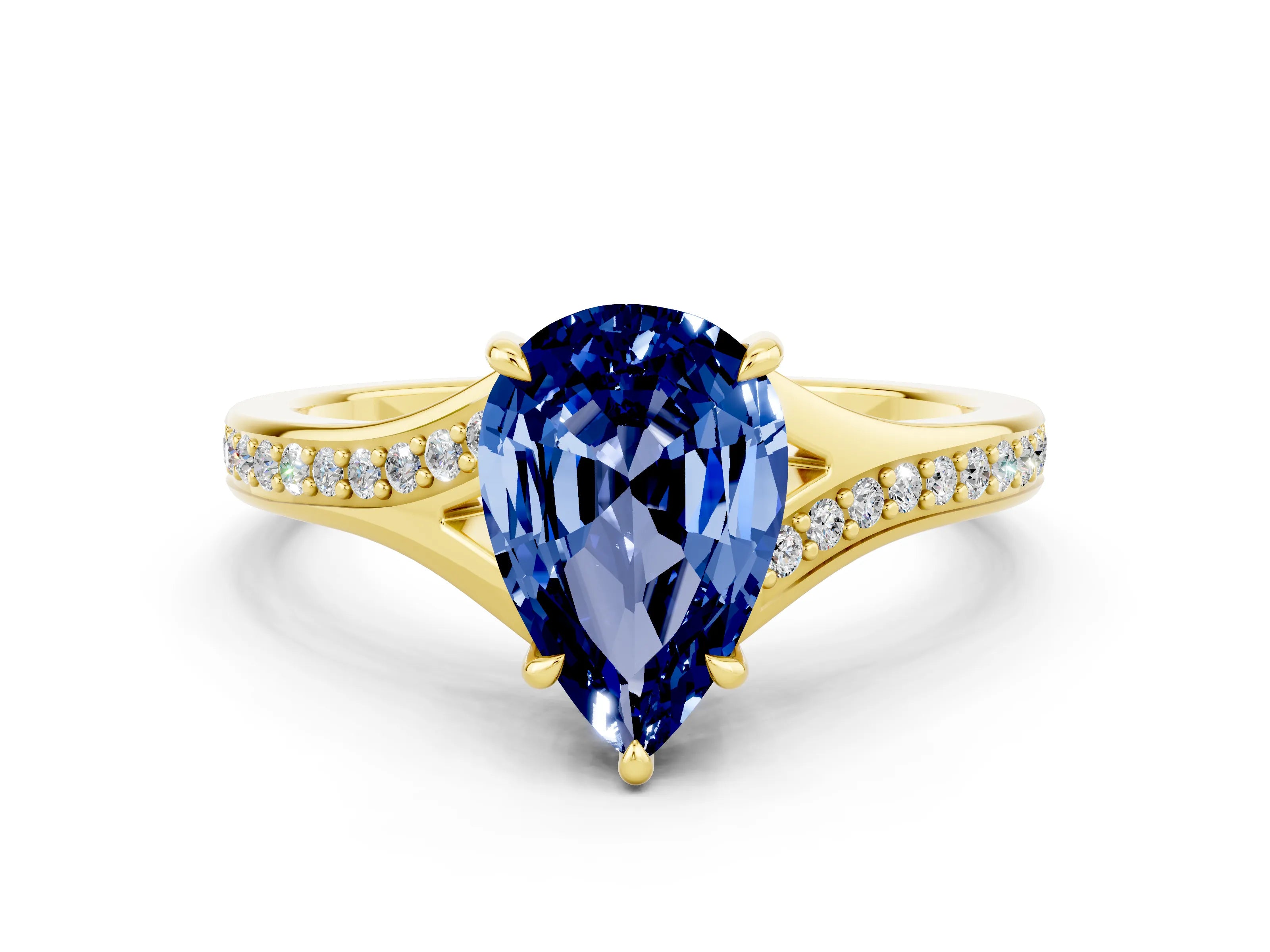 Yellow gold Pear Cut Blue Sapphire Solitaire Ring with Pavé Band and Prong Setting