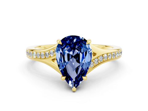Yellow gold Pear Cut Blue Sapphire Solitaire Ring with Pavé Band and Prong Setting_12