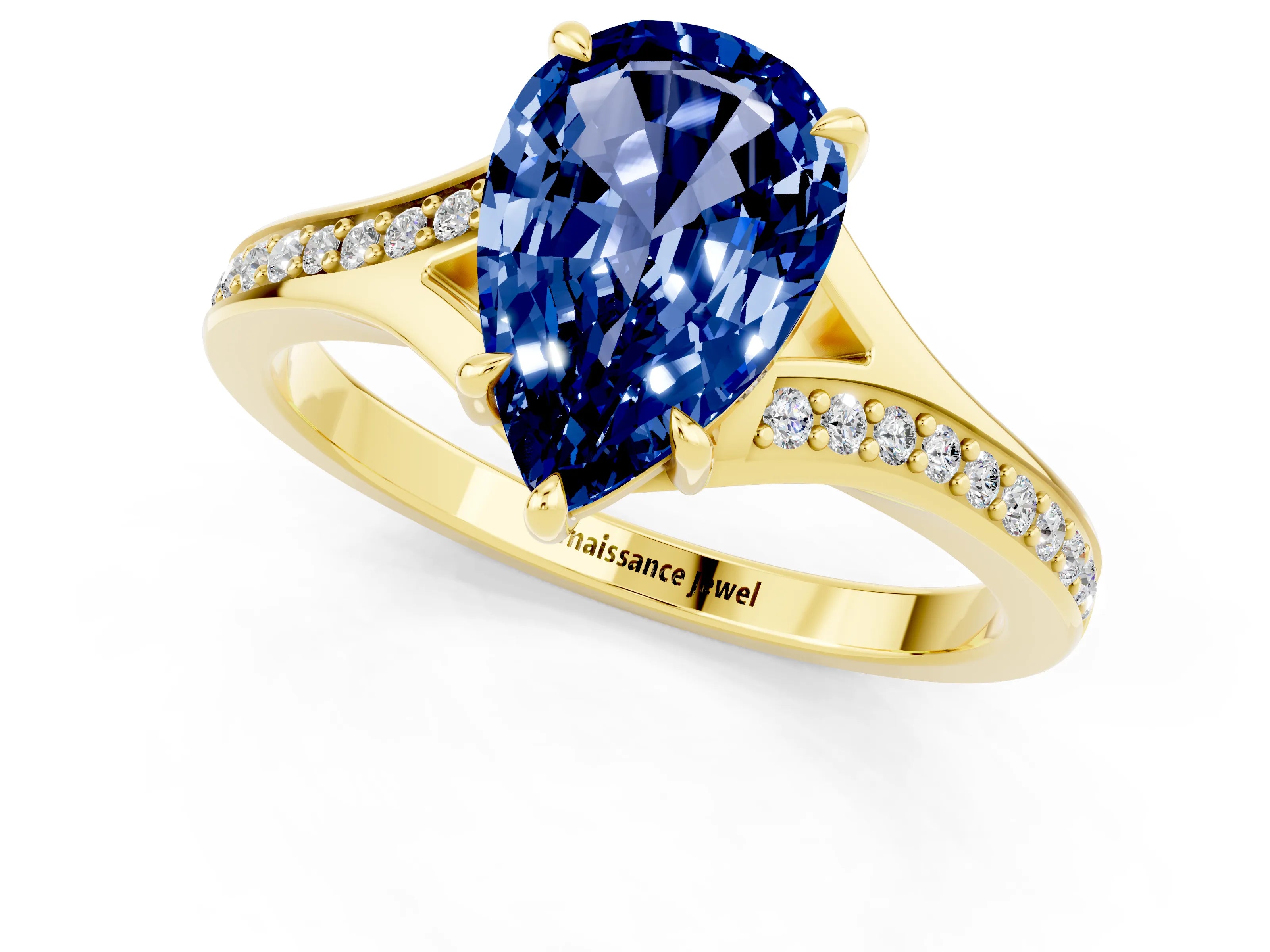 Yellow gold Pear Cut Blue Sapphire Solitaire Ring with Pavé Band and Prong Setting_13