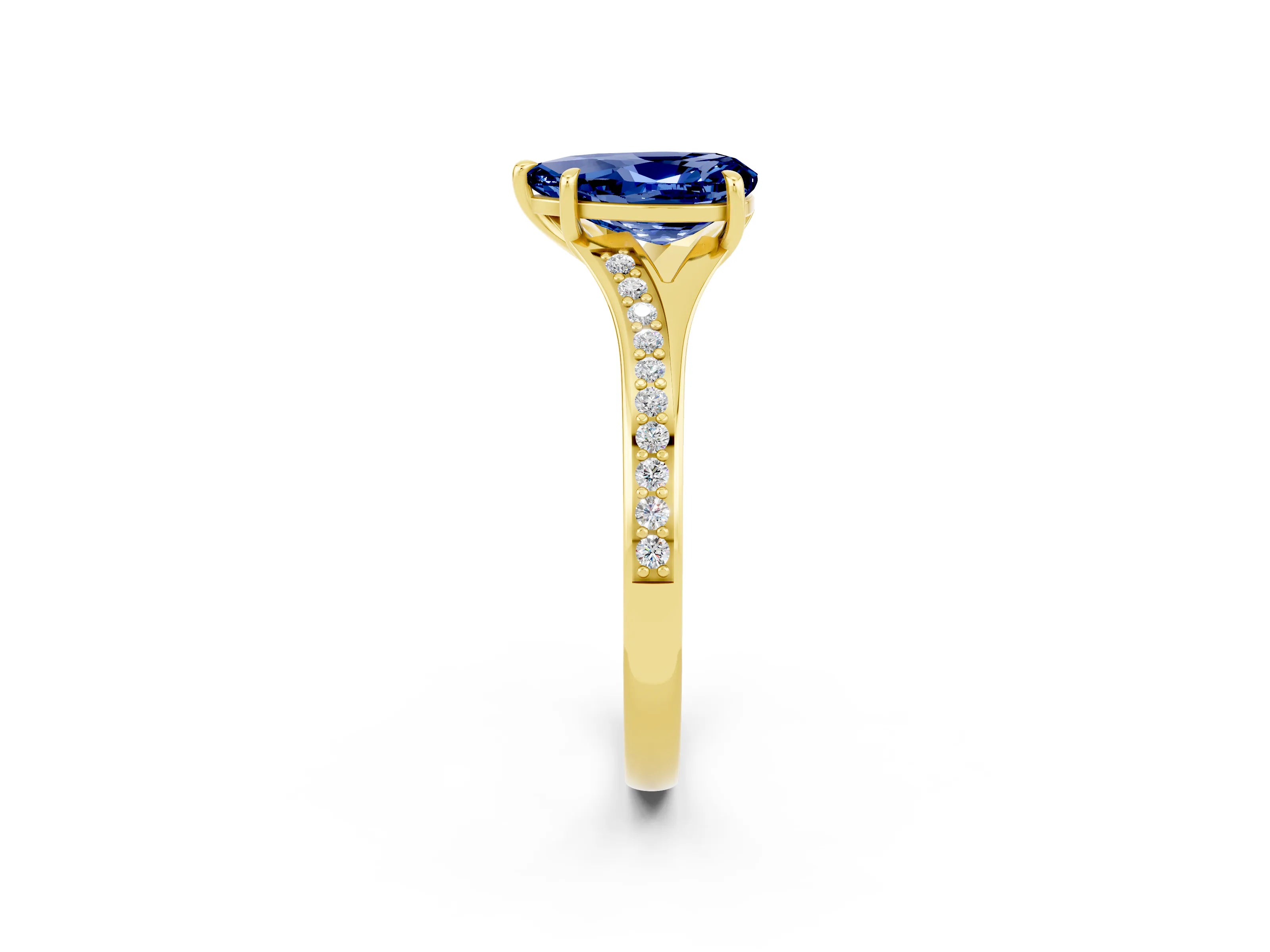 Yellow gold Pear Cut Blue Sapphire Solitaire Ring with Pavé Band and Prong Setting_14