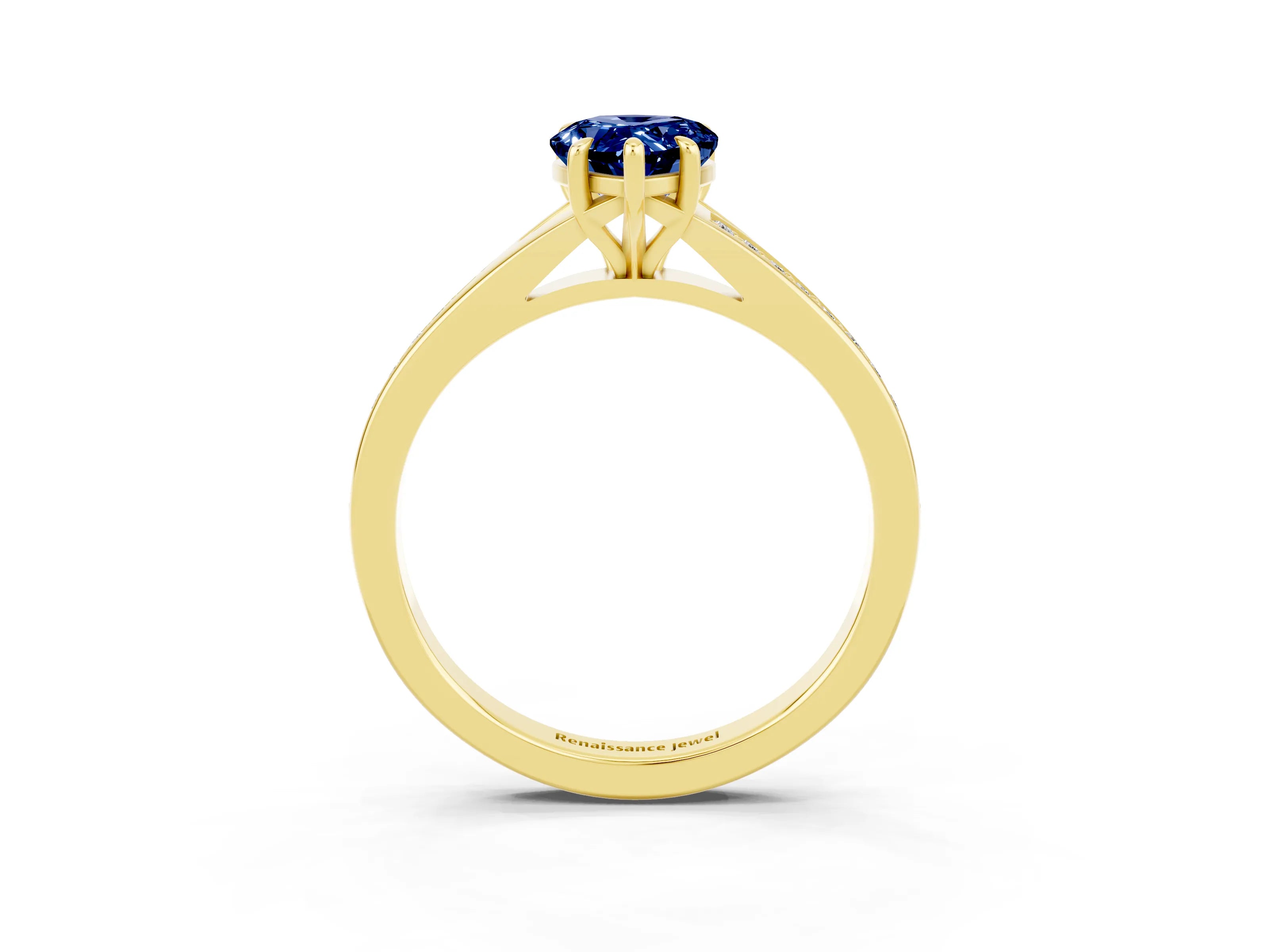Yellow gold Pear Cut Blue Sapphire Solitaire Ring with Pavé Band and Prong Setting_15