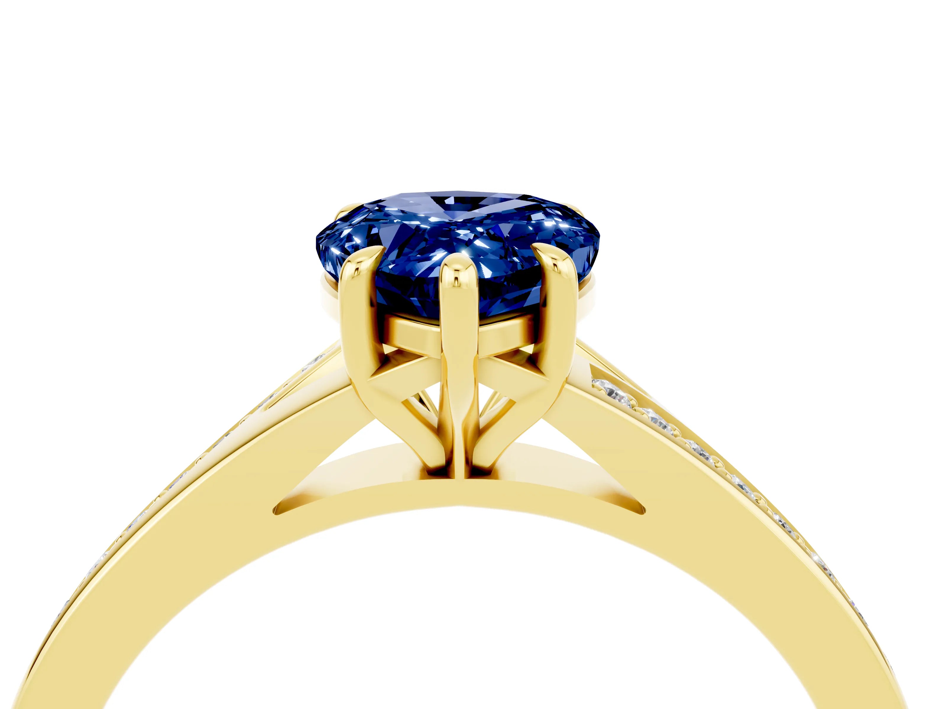 Yellow gold Pear Cut Blue Sapphire Solitaire Ring with Pavé Band and Prong Setting_16