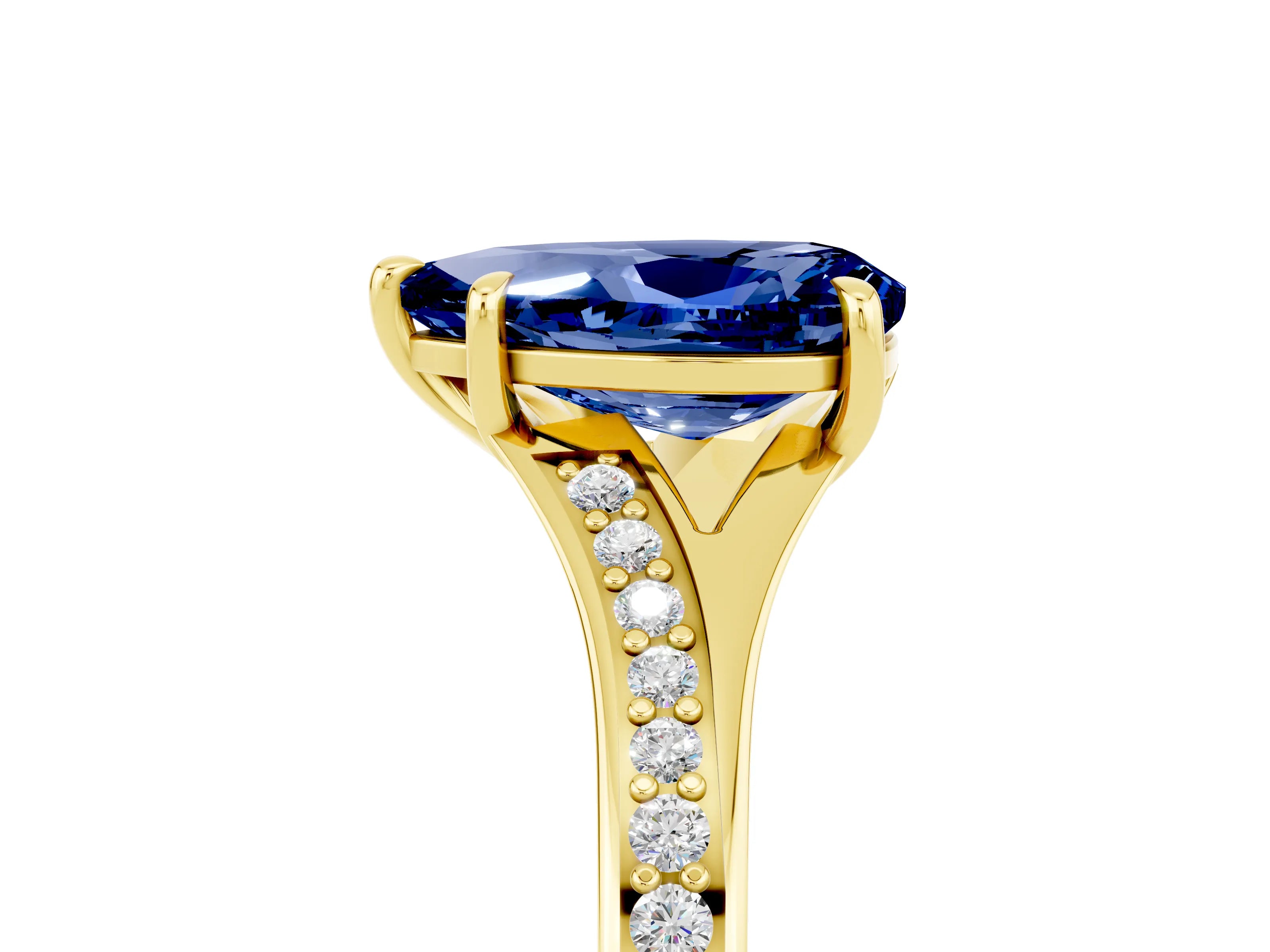 Yellow gold Pear Cut Blue Sapphire Solitaire Ring with Pavé Band and Prong Setting_17