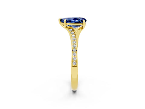 Yellow gold Pear Cut Blue Sapphire Solitaire Ring with Pavé Band and Prong Setting_2