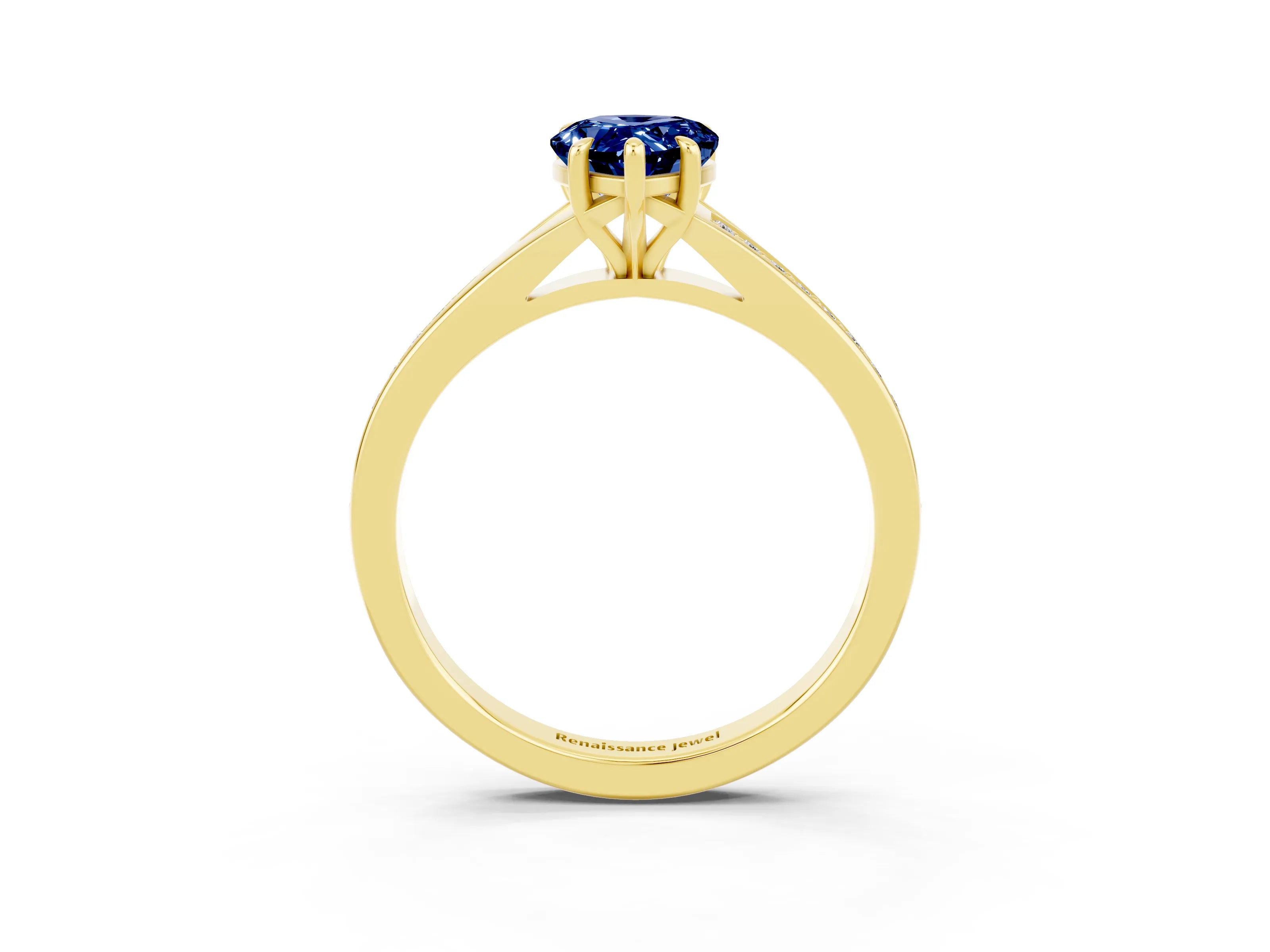 Yellow gold Pear Cut Blue Sapphire Solitaire Ring with Pavé Band and Prong Setting_3
