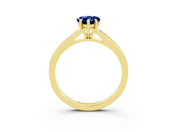 Yellow gold Pear Cut Blue Sapphire Solitaire Ring with Pavé Band and Prong Setting