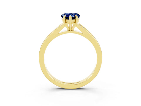 Yellow gold Pear Cut Blue Sapphire Solitaire Ring with Pavé Band and Prong Setting_3