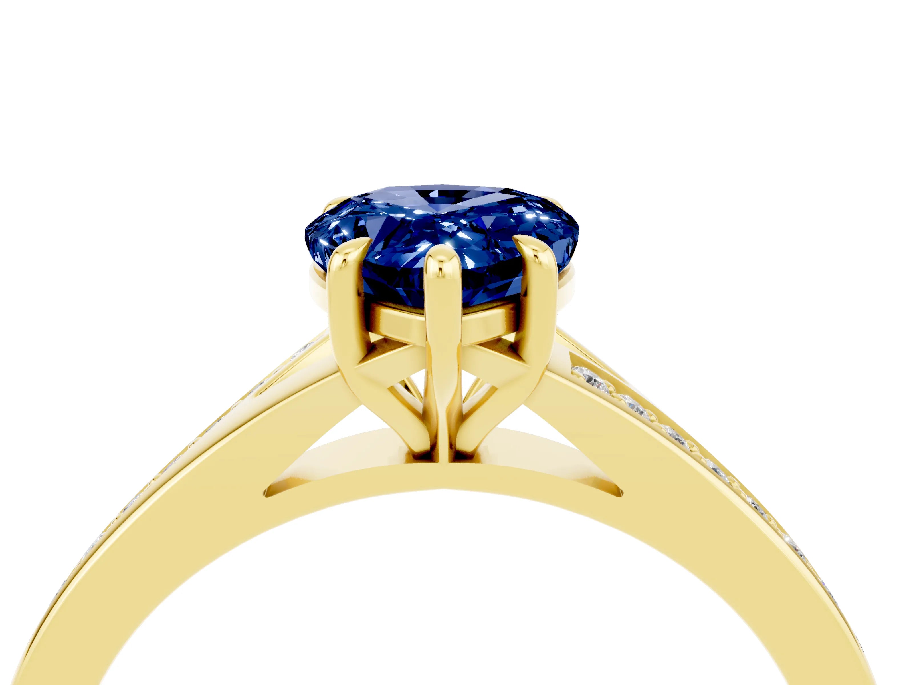 Yellow gold Pear Cut Blue Sapphire Solitaire Ring with Pavé Band and Prong Setting_4
