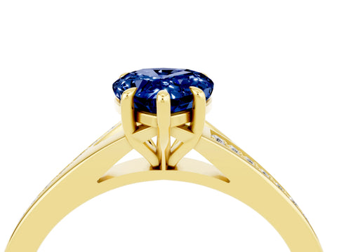 Yellow gold Pear Cut Blue Sapphire Solitaire Ring with Pavé Band and Prong Setting_4