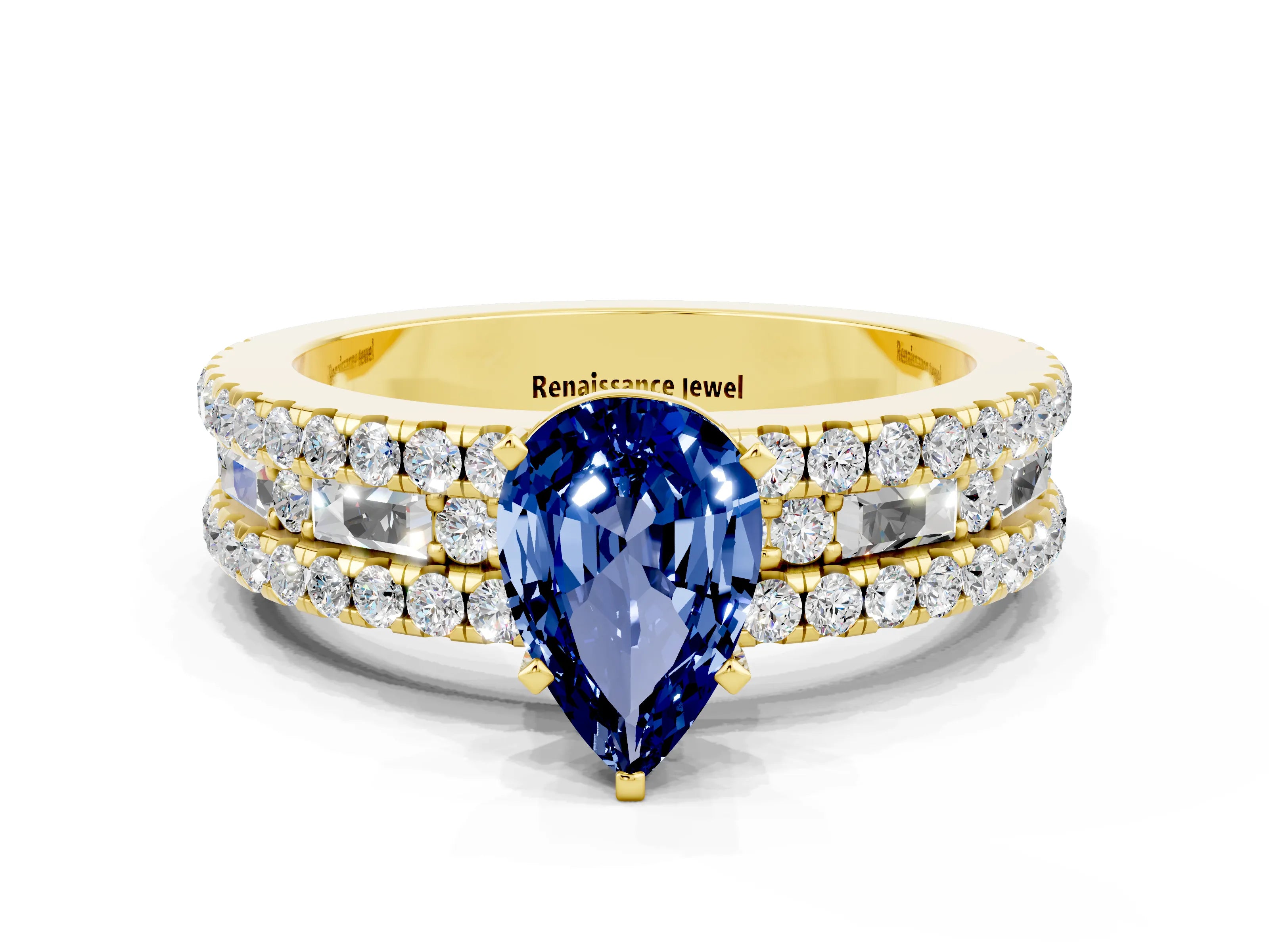 Yellow gold Pear Cut Blue Sapphire Solitaire Ring with Pavé and Channel Set Band