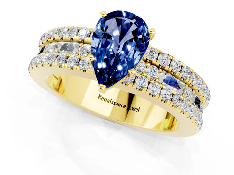 Yellow gold Pear Cut Blue Sapphire Solitaire Ring with Pavé and Channel Set Band_1
