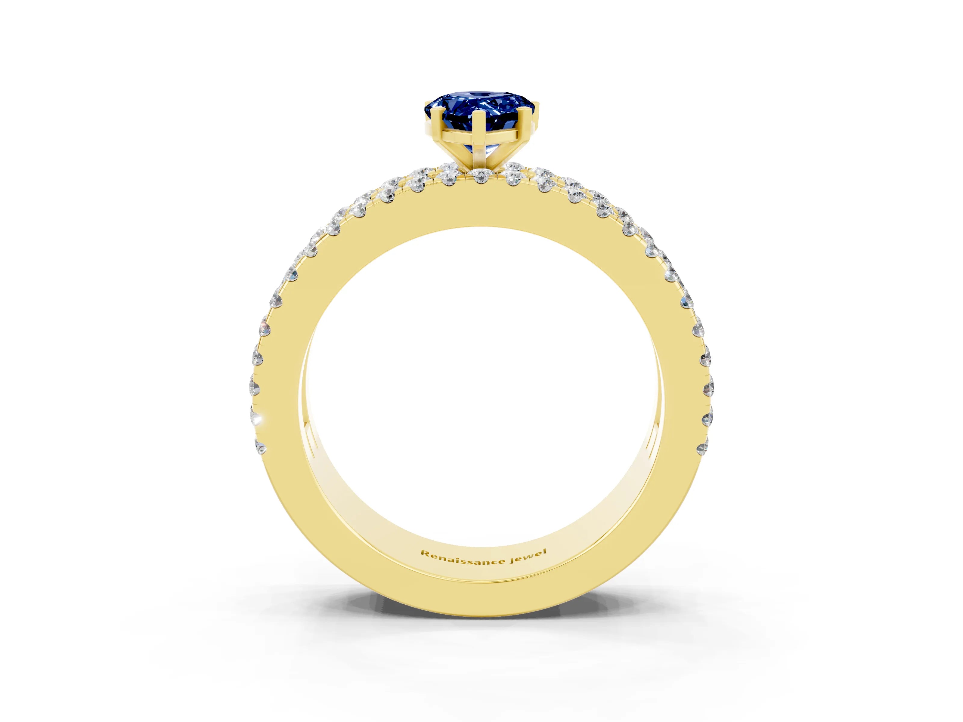 Yellow gold Pear Cut Blue Sapphire Solitaire Ring with Pavé and Channel Set Band_3