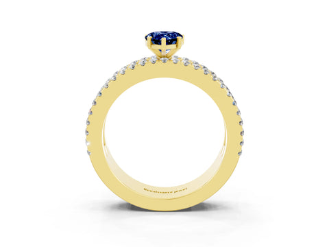 Yellow gold Pear Cut Blue Sapphire Solitaire Ring with Pavé and Channel Set Band_3